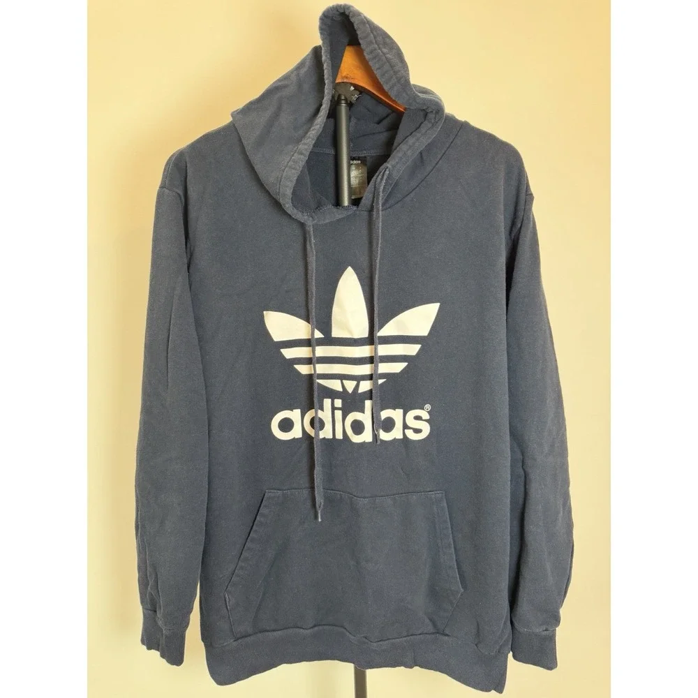 Adidas Hoodie Trifold Men's Size XLarge Navy Pullover Spellout Logo Streetwear